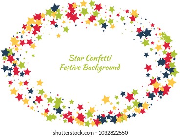 Festive color star confetti background. Abstract frame confetti texture for holiday, postcard, poster, website, carnivals, birthday and children's parties. Cover confetti mock-up. Wedding star layout