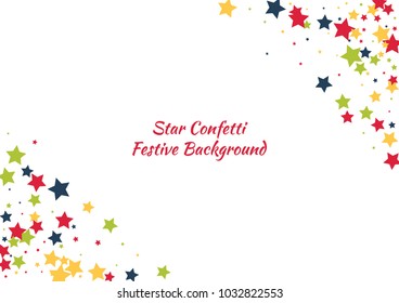 Festive color star confetti background. Abstract frame confetti texture for holiday, postcard, poster, website, carnivals, birthday and children's parties. Cover confetti mock-up. Wedding star layout
