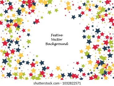 Festive color star confetti background. Abstract frame confetti texture for holiday, postcard, poster, website, carnivals, birthday and children's parties. Cover confetti mock-up. Wedding star layout
