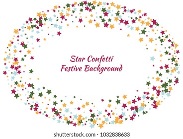 Festive color star confetti background. Abstract frame confetti texture for holiday, postcard, poster, website, carnivals, birthday and children's parties. Cover confetti mock-up. Wedding star layout