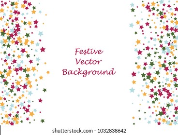 Festive color star confetti background. Abstract frame confetti texture for holiday, postcard, poster, website, carnivals, birthday and children's parties. Cover confetti mock-up. Wedding star layout