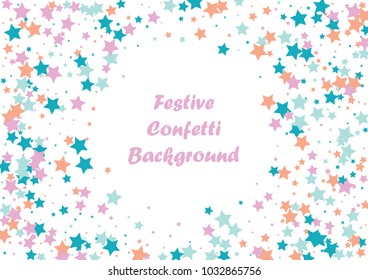 Festive color star confetti background. Abstract frame confetti texture for holiday, postcard, poster, website, carnivals, birthday and children's parties. Cover confetti mock-up. Wedding star layout