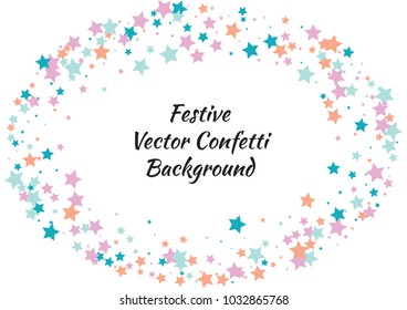 Festive color star confetti background. Abstract frame confetti texture for holiday, postcard, poster, website, carnivals, birthday and children's parties. Cover confetti mock-up. Wedding star layout