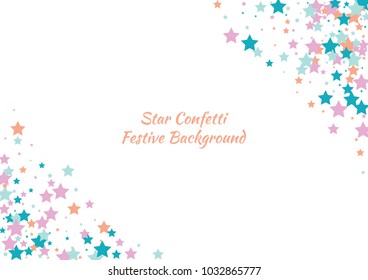 Festive color star confetti background. Abstract frame confetti texture for holiday, postcard, poster, website, carnivals, birthday and children's parties. Cover confetti mock-up. Wedding star layout