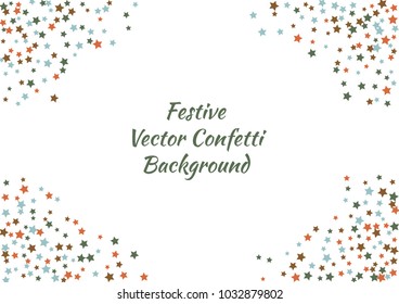 Festive color star confetti background. Abstract frame confetti texture for holiday, postcard, poster, website, carnivals, birthday and children's parties. Cover confetti mock-up. Wedding star layout