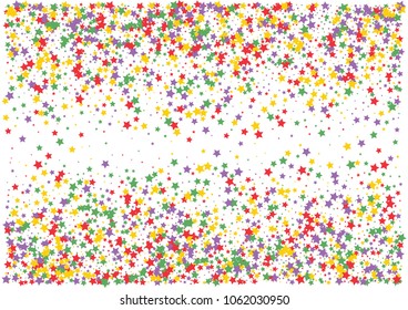 Festive color star confetti background. Abstract frame confetti texture for holiday, postcard, poster, website, carnivals, birthday and children's parties. Cover confetti mock-up. Wedding star layout