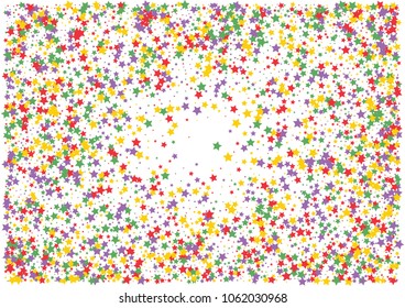 Festive color star confetti background. Abstract frame confetti texture for holiday, postcard, poster, website, carnivals, birthday and children's parties. Cover confetti mock-up. Wedding star layout