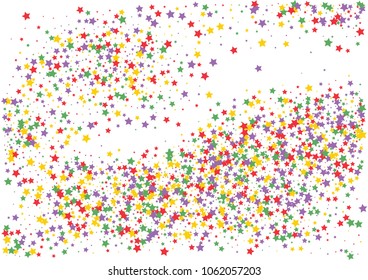 Festive color star confetti background. Abstract frame confetti texture for holiday, postcard, poster, website, carnivals, birthday and children's parties. Cover confetti mock-up. Wedding star layout