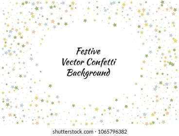 Festive color star confetti background. Abstract frame confetti texture for holiday, postcard, poster, website, carnivals, birthday and children's parties. Cover confetti mock-up. Wedding star layout
