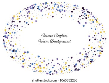 Festive color star confetti background. Abstract frame confetti texture for holiday, postcard, poster, website, carnivals, birthday and children's parties. Cover confetti mock-up. Wedding star layout