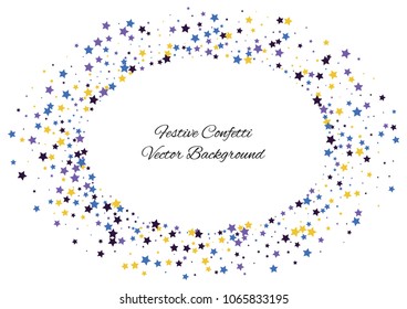 Festive color star confetti background. Abstract frame confetti texture for holiday, postcard, poster, website, carnivals, birthday and children's parties. Cover confetti mock-up. Wedding star layout
