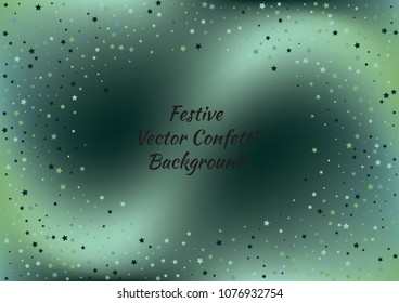 Festive color star gradient background. Holographic frame confetti texture for holiday, postcard, poster, carnivals, website, birthday, children's parties. Cover confetti mock-up. Wedding star layout