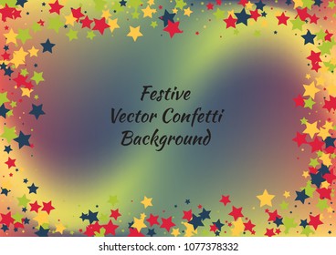 Festive color star gradient background. Holographic frame confetti texture for holiday, postcard, poster, carnivals, website, birthday, children's parties. Cover confetti mock-up. Wedding star layout