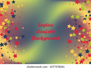 Festive color star gradient background. Holographic frame confetti texture for holiday, postcard, poster, carnivals, website, birthday, children's parties. Cover confetti mock-up. Wedding star layout