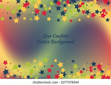 Festive color star gradient background. Holographic frame confetti texture for holiday, postcard, poster, carnivals, website, birthday, children's parties. Cover confetti mock-up. Wedding star layout