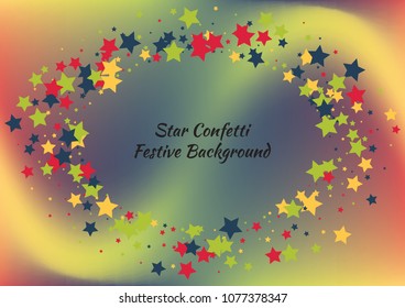 Festive color star gradient background. Holographic frame confetti texture for holiday, postcard, poster, carnivals, website, birthday, children's parties. Cover confetti mock-up. Wedding star layout