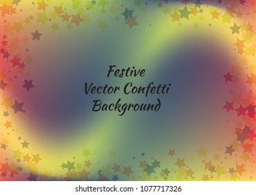 Festive color star gradient background. Holographic frame confetti texture for holiday, postcard, poster, carnivals, birthday, children's parties. Cover neon confetti mock-up. Wedding star layout