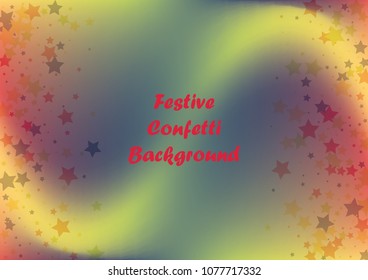 Festive color star gradient background. Holographic frame confetti texture for holiday, postcard, poster, carnivals, birthday, children's parties. Cover neon confetti mock-up. Wedding star layout