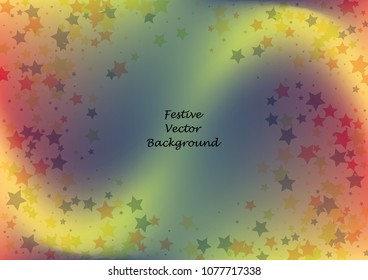 Festive color star gradient background. Holographic frame confetti texture for holiday, postcard, poster, carnivals, birthday, children's parties. Cover neon confetti mock-up. Wedding star layout