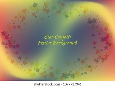 Festive color star gradient background. Holographic frame confetti texture for holiday, postcard, poster, carnivals, birthday, children's parties. Cover neon confetti mock-up. Wedding star layout