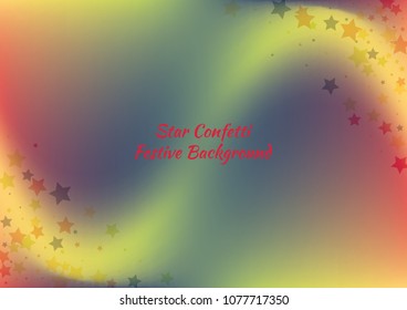 Festive color star gradient background. Holographic frame confetti texture for holiday, postcard, poster, carnivals, birthday, children's parties. Cover neon confetti mock-up. Wedding star layout