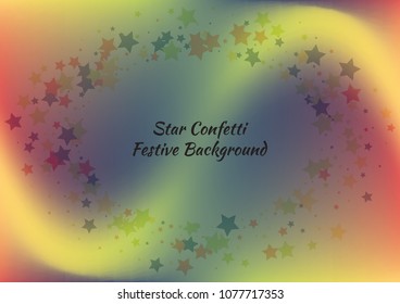 Festive color star gradient background. Holographic frame confetti texture for holiday, postcard, poster, carnivals, birthday, children's parties. Cover neon confetti mock-up. Wedding star layout