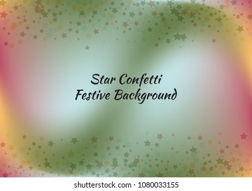 Festive color star gradient background. Holographic frame confetti texture for holiday, postcard, poster, carnivals, birthday, children's parties. Cover neon confetti mock-up. Wedding star layout