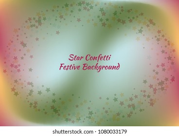 Festive color star gradient background. Holographic frame confetti texture for holiday, postcard, poster, carnivals, birthday, children's parties. Cover neon confetti mock-up. Wedding star layout