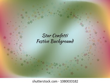 Festive color star gradient background. Holographic frame confetti texture for holiday, postcard, poster, carnivals, birthday, children's parties. Cover neon confetti mock-up. Wedding star layout