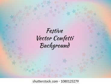 Festive color star gradient background. Holographic frame confetti texture for holiday, postcard, poster, carnivals, birthday, children's parties. Cover neon confetti mock-up. Wedding star layout