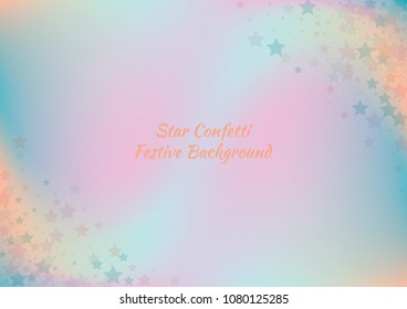 Festive color star gradient background. Holographic frame confetti texture for holiday, postcard, poster, carnivals, birthday, children's parties. Cover neon confetti mock-up. Wedding star layout