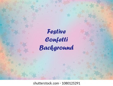 Festive color star gradient background. Holographic frame confetti texture for holiday, postcard, poster, carnivals, birthday, children's parties. Cover neon confetti mock-up. Wedding star layout