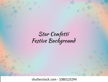 Festive color star gradient background. Holographic frame confetti texture for holiday, postcard, poster, carnivals, birthday, children's parties. Cover neon confetti mock-up. Wedding star layout