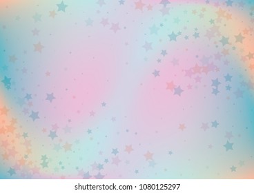 Festive color star gradient background. Holographic frame confetti texture for holiday, postcard, poster, carnivals, birthday, children's parties. Cover neon confetti mock-up. Wedding star layout