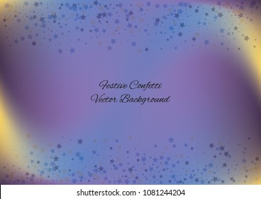 Festive color star gradient background. Holographic frame confetti texture for holiday, postcard, poster, carnivals, birthday, children's parties. Cover neon confetti mock-up. Wedding star layout