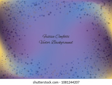Festive color star gradient background. Holographic frame confetti texture for holiday, postcard, poster, carnivals, birthday, children's parties. Cover neon confetti mock-up. Wedding star layout