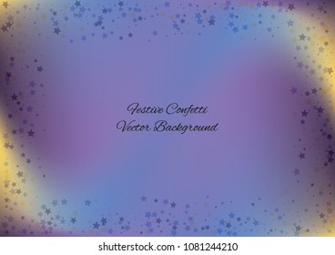 Festive color star gradient background. Holographic frame confetti texture for holiday, postcard, poster, carnivals, birthday, children's parties. Cover neon confetti mock-up. Wedding star layout