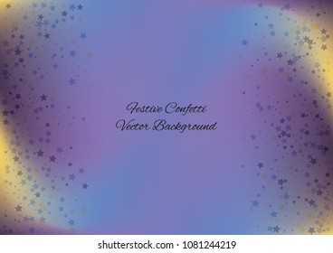 Festive color star gradient background. Holographic frame confetti texture for holiday, postcard, poster, carnivals, birthday, children's parties. Cover neon confetti mock-up. Wedding star layout