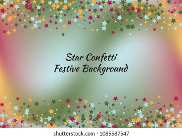 Festive color star gradient background. Holographic frame confetti texture for holiday, postcard, poster, carnivals, birthday, children's parties. Cover neon confetti mock-up. Wedding star layout