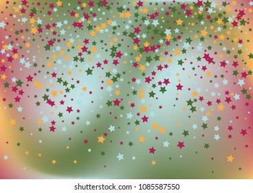 Festive color star gradient background. Holographic frame confetti texture for holiday, postcard, poster, carnivals, birthday, children's parties. Cover neon confetti mock-up. Wedding star layout