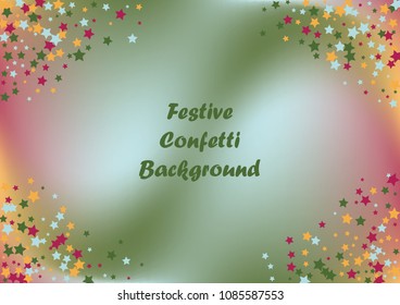 Festive color star gradient background. Holographic frame confetti texture for holiday, postcard, poster, carnivals, birthday, children's parties. Cover neon confetti mock-up. Wedding star layout