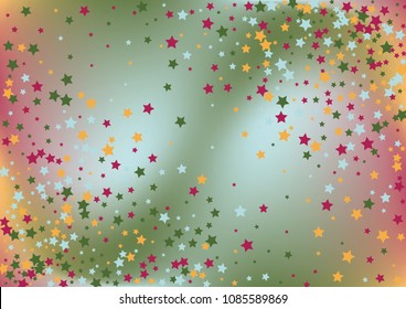 Festive color star gradient background. Holographic frame confetti texture for holiday, postcard, poster, carnivals, birthday, children's parties. Cover neon confetti mock-up. Wedding star layout