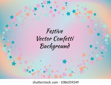 Festive color star gradient background. Holographic frame confetti texture for holiday, postcard, poster, carnivals, birthday, children's parties. Cover neon confetti mock-up. Wedding star layout