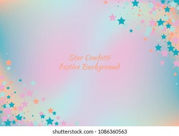 Festive color star gradient background. Holographic frame confetti texture for holiday, postcard, poster, carnivals, birthday, children's parties. Cover neon confetti mock-up. Wedding star layout