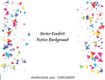 Festive color triangle confetti background. Abstract frame confetti texture for holiday, postcard, poster, website, carnival, birthday, children's parties. Cover confetti mock-up. Wedding card layout