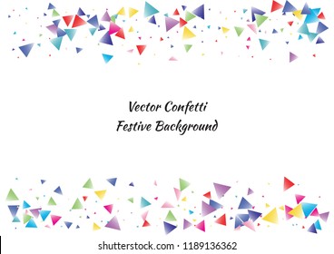 Festive color triangle confetti background. Abstract frame confetti texture for holiday, postcard, poster, website, carnival, birthday, children's parties. Cover confetti mock-up. Wedding card layout
