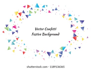 Festive color triangle confetti background. Abstract frame confetti texture for holiday, postcard, poster, website, carnival, birthday, children's parties. Cover confetti mock-up. Wedding card layout