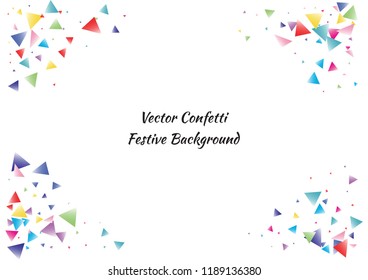 Festive color triangle confetti background. Abstract frame confetti texture for holiday, postcard, poster, website, carnival, birthday, children's parties. Cover confetti mock-up. Wedding card layout