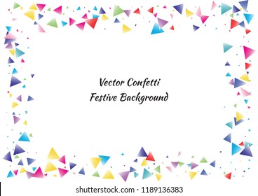Festive color triangle confetti background. Abstract frame confetti texture for holiday, postcard, poster, website, carnival, birthday, children's parties. Cover confetti mock-up. Wedding card layout