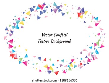 Festive color triangle confetti background. Abstract frame confetti texture for holiday, postcard, poster, website, carnival, birthday, children's parties. Cover confetti mock-up. Wedding card layout